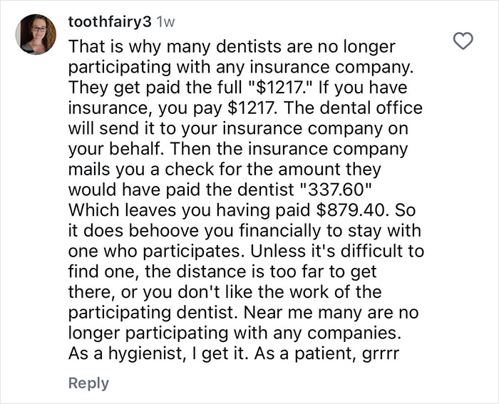 Comment about dentists and dental insurance explaining payment discrepancies.