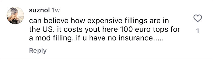 Comment discussing the cost of dental insurance and fillings in the U.S., comparing prices to Europe.