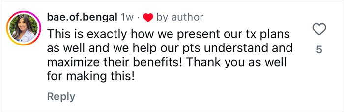 Instagram comment praising viral dentist for simplifying dental insurance.