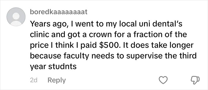 Comment praising dental clinic for affordable crown, relating to viral dentist's breakdown of dental insurance.