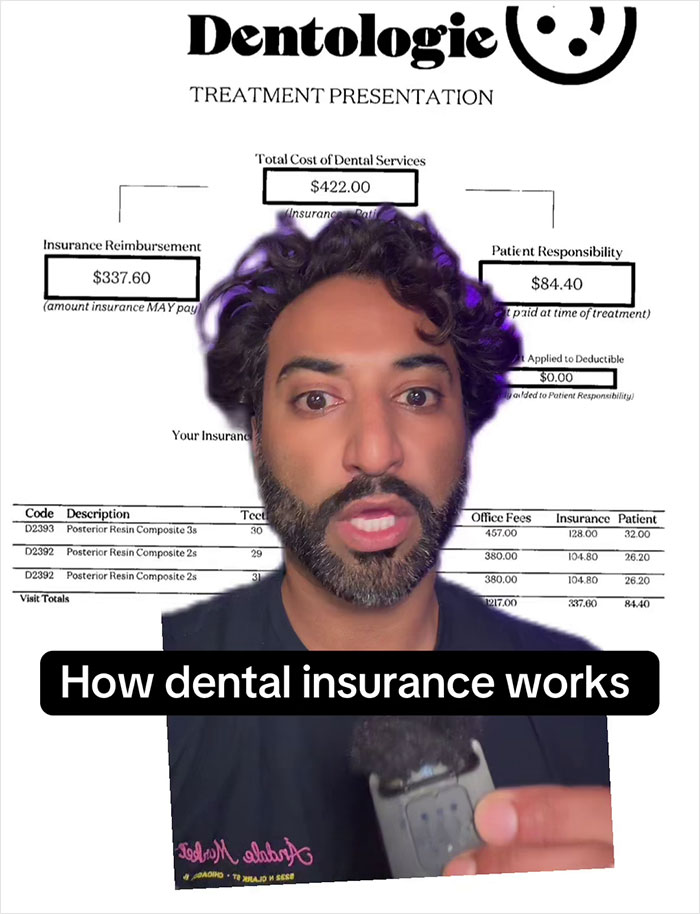 Dentist explains dental insurance breakdown with graphic details, holding a microphone.