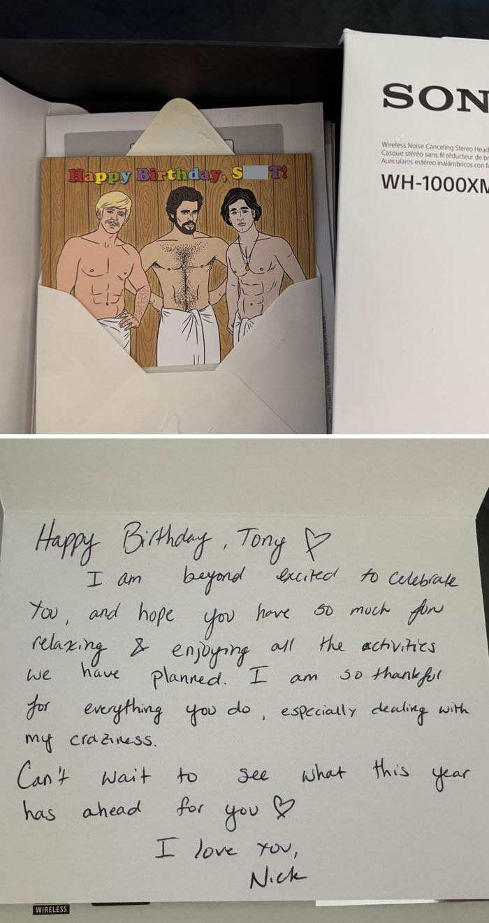 Disappointing gift: Headphones box with a humorous birthday card featuring illustrated men and a handwritten note.