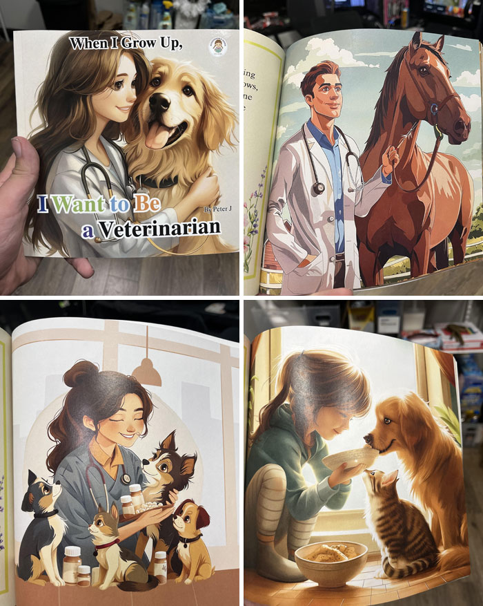 Children's book about becoming a veterinarian, featuring illustrations of kids caring for animals; disappointing gifts theme.