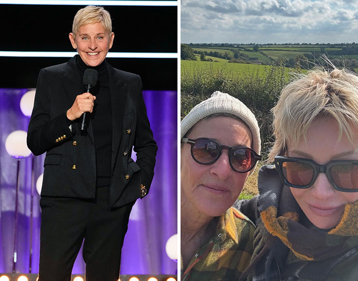 Comedian Ellen DeGeneres speaking on stage and a casual selfie of two people outdoors in a scenic setting, related to celebrity scandals.