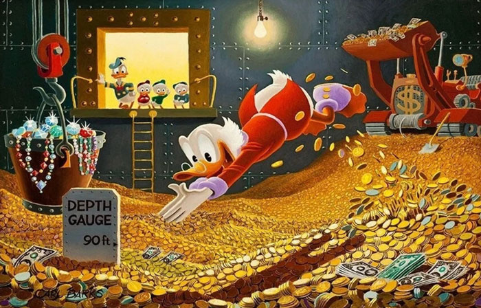 Cartoon duck diving into pile of gold coins in a vault, with four other ducks watching from a ladder.