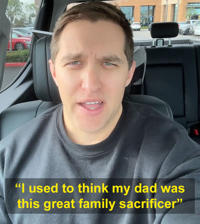 Man speaking about his dad in a car, discussing the myth of being a great family sacrificer.