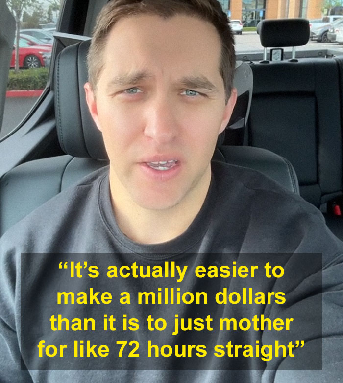 Man speaking in a car with text about money and parenting, related to family sacrificer realization.