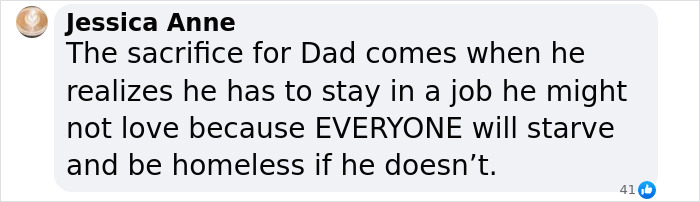 Text message about realizing the true nature of family sacrifices, highlighting a dad's career decision for family's survival.