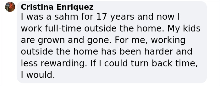 Text message discussing challenges of working outside home after years as a stay-at-home parent.