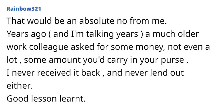 Text response about a friend taking years to repay money and not lending again.
