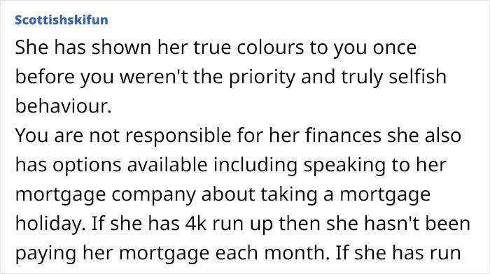 Text advising against lending more money to a friend who hasn't repaid a previous $6,000 loan.