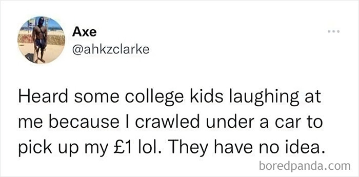 Screenshot of a tweet by Axe, showcasing British humor about crawling under a car for £1.