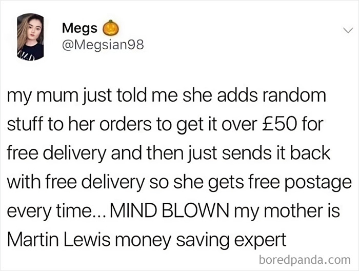 Tweet humorously showcasing British ingenuity with a clever trick for free delivery using returns.