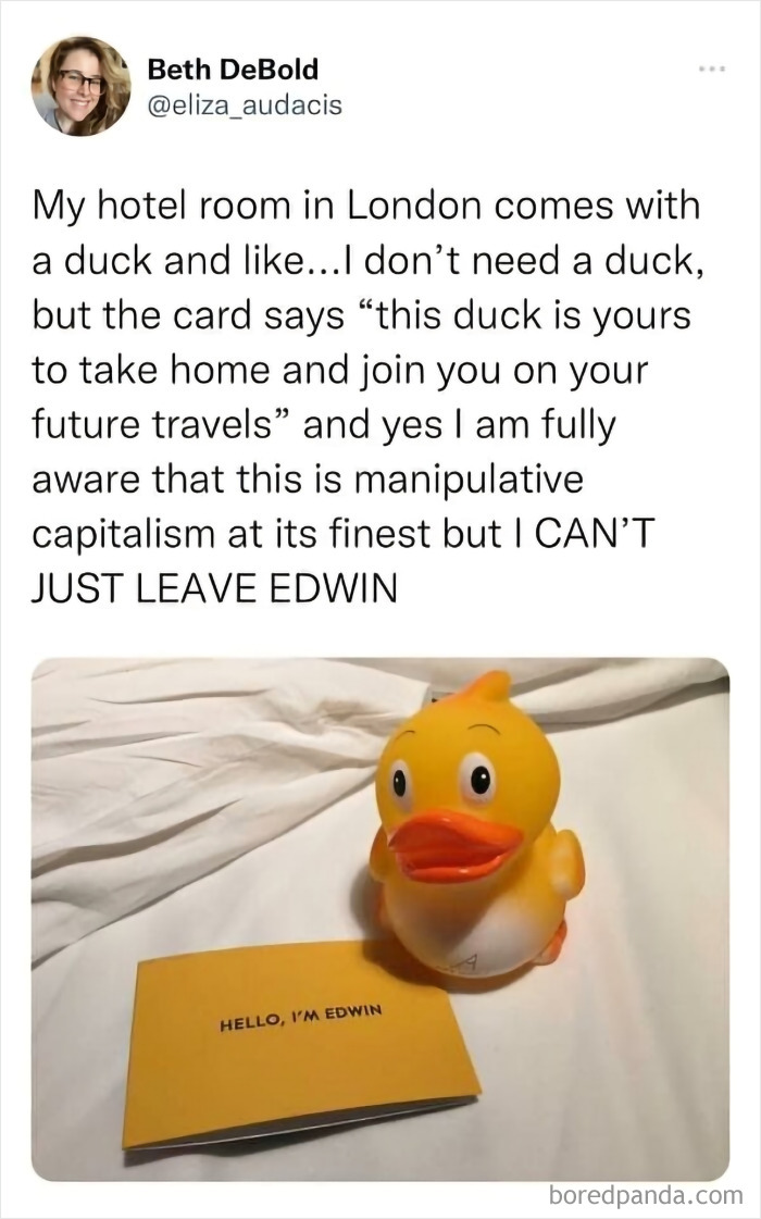 Tweet showcasing British humor with a rubber duck named Edwin in a London hotel room.