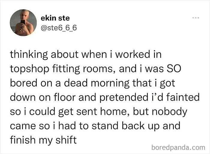 Tweet highlighting British humor about boredom at Topshop fitting rooms.