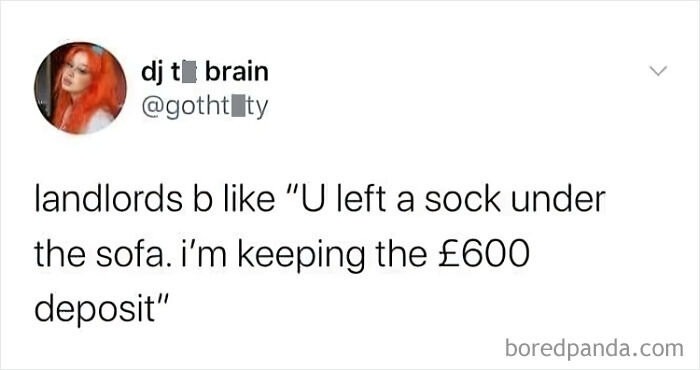 Tweet showcasing British humor about landlords keeping deposits over minor issues.
