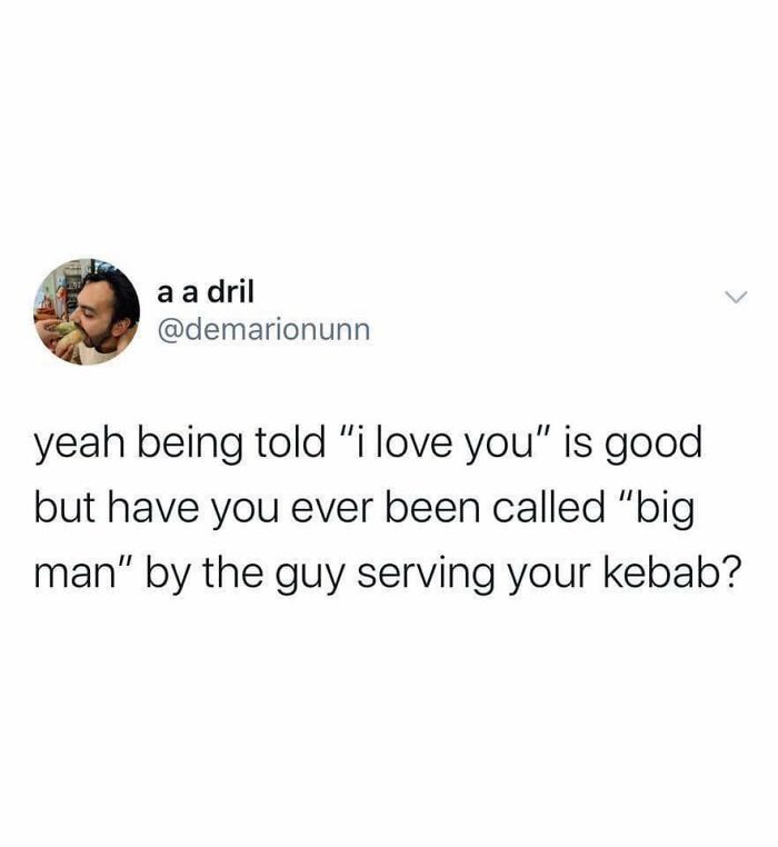 Tweet highlighting British humor about being called "big man" by a kebab server.