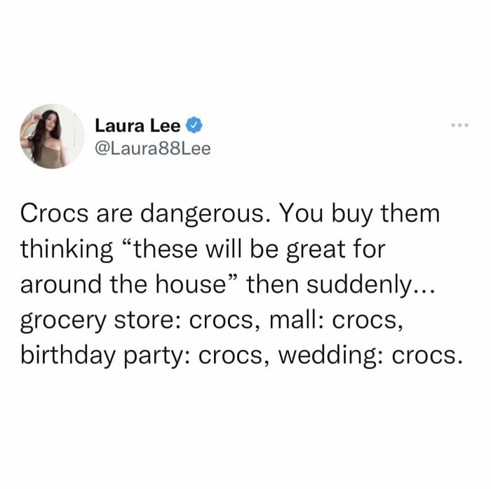 Tweet about Crocs being versatile footwear in various settings, exemplifying trademark British humor.