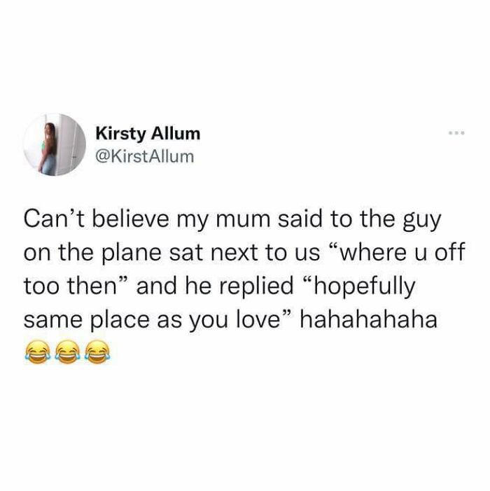 Tweet showcasing British humor with a funny plane conversation between a mother and a passenger.