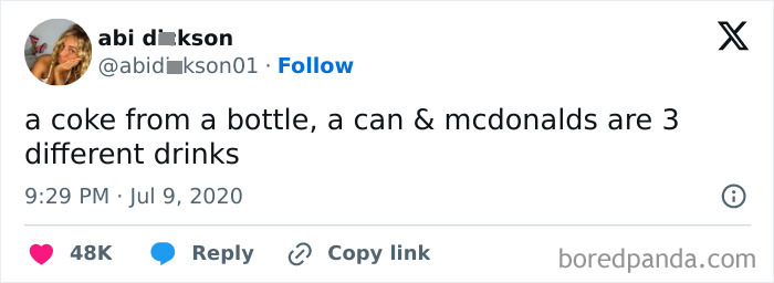Tweet showcasing British humor about Coke tasting different based on packaging.