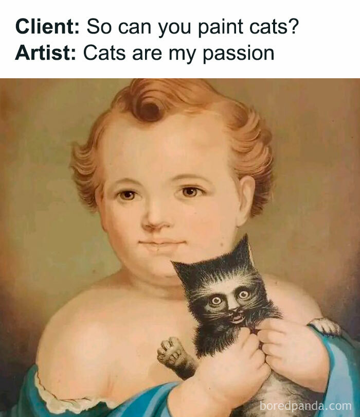 Classical art meme with a humorous depiction of a child holding a cat, blending art and relatable humor.