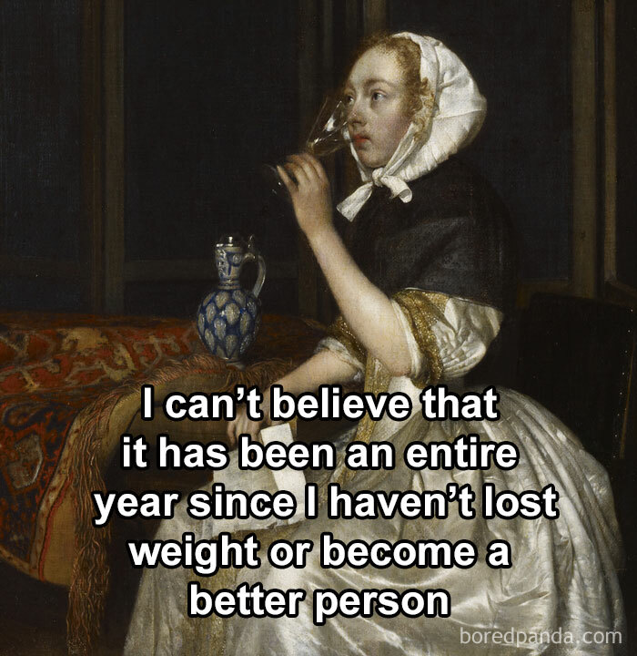 Classical art woman drinking, humorously reflecting on self-improvement and weight loss in a meme.
