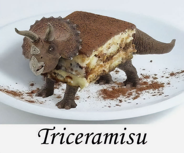 Dinosaur meme featuring a tiramisu cake shaped like a triceratops, labeled "Triceramisu".