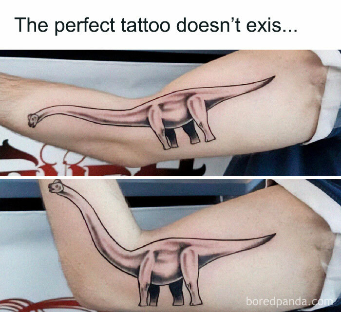 Dinosaur tattoo meme with arm muscle illusion, featuring a long-necked dinosaur with a humorous twist.