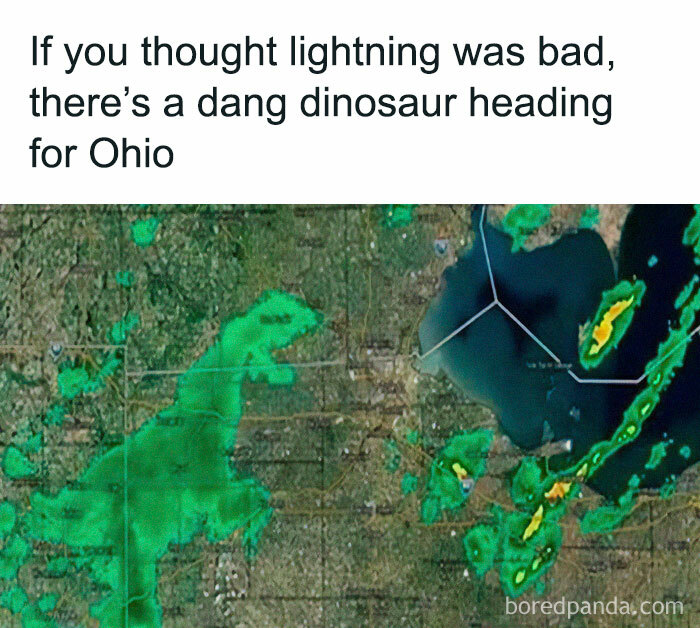 Weather radar with dinosaur shape and humorous text about Ohio.