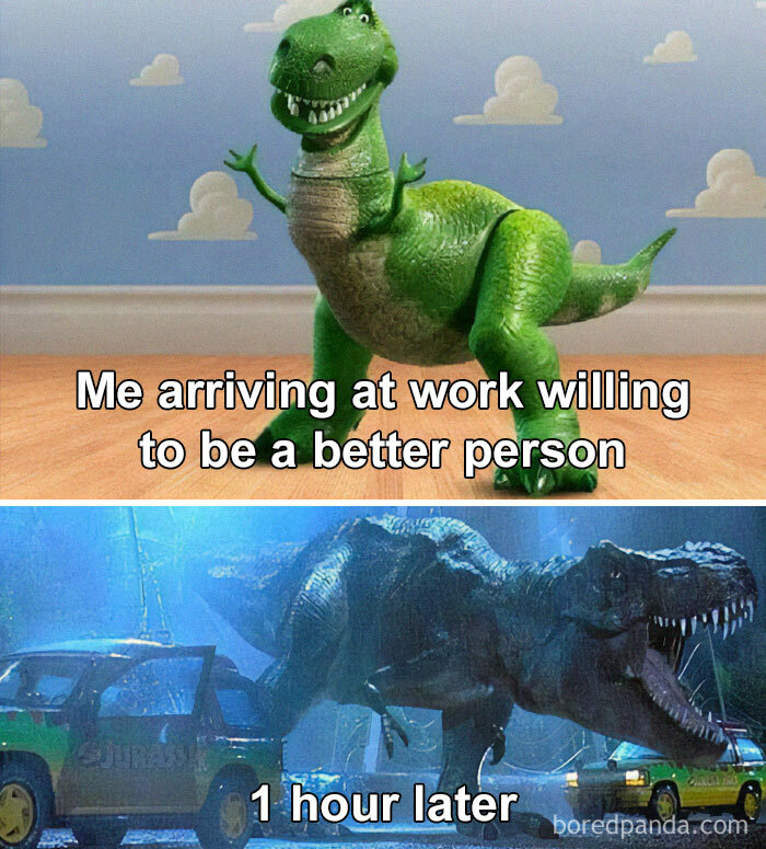 Toy dinosaur meme with humorous caption about work attitude change, featuring a smiling toy T-rex and a fierce T-rex scene.