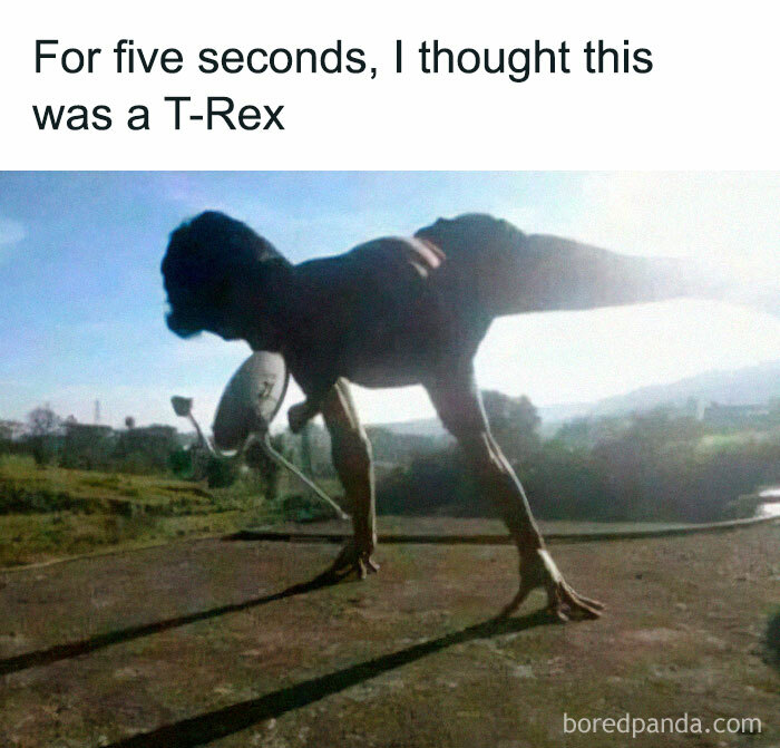 Person posing like a T-Rex, creating a dinosaur meme with a funny prehistoric twist.