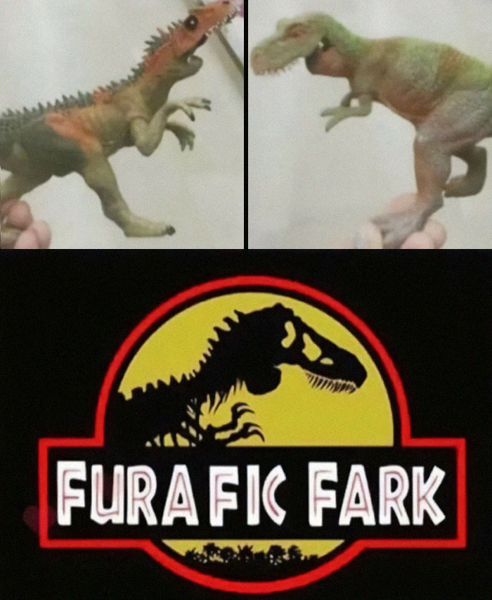 Dinosaur meme featuring toy dinosaurs and a parody logo saying "Furafic Fark."