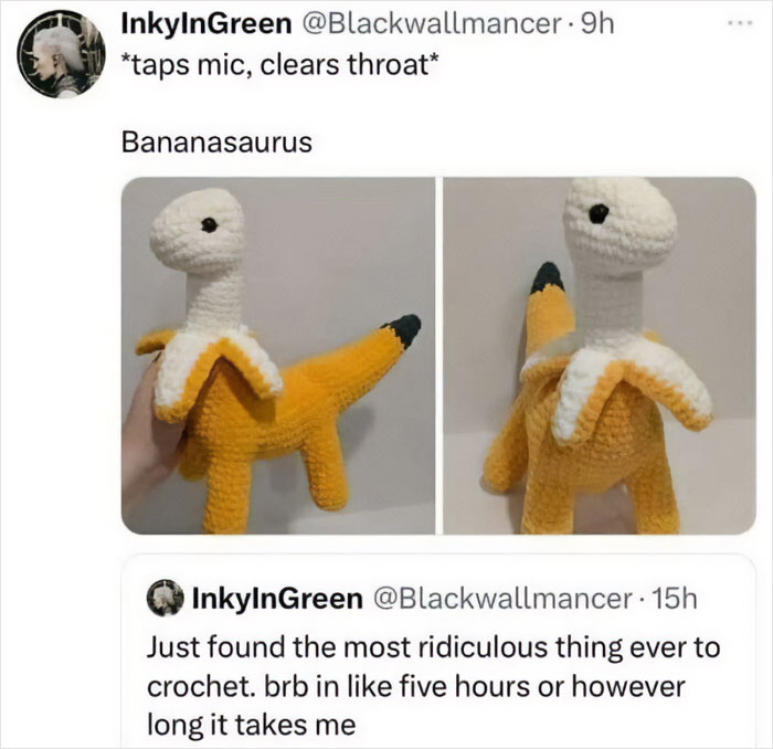 Crocheted dinosaur shaped like a banana, humorously referred to as a "Bananasaurus," showcasing prehistoric humor.