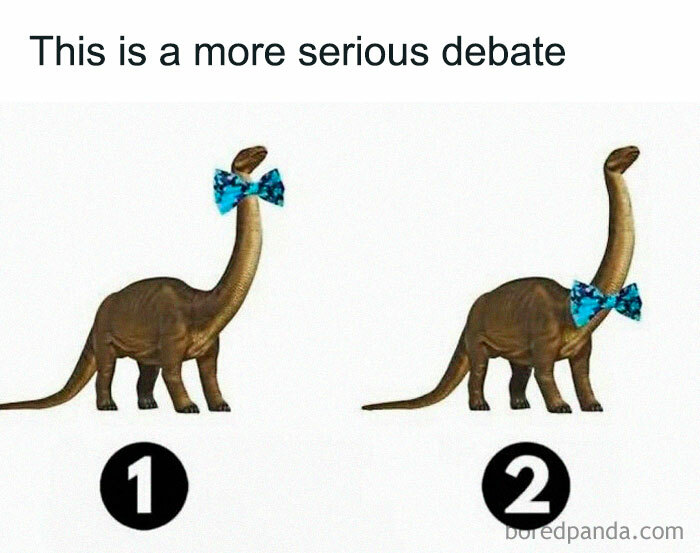 Two dinosaurs with bow ties, labeled 1 and 2, humorously depicting a debate in a dinosaur meme.