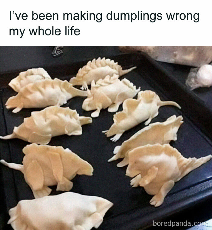 Dinosaur-shaped dumplings on a tray with humorous text about making dumplings wrong.