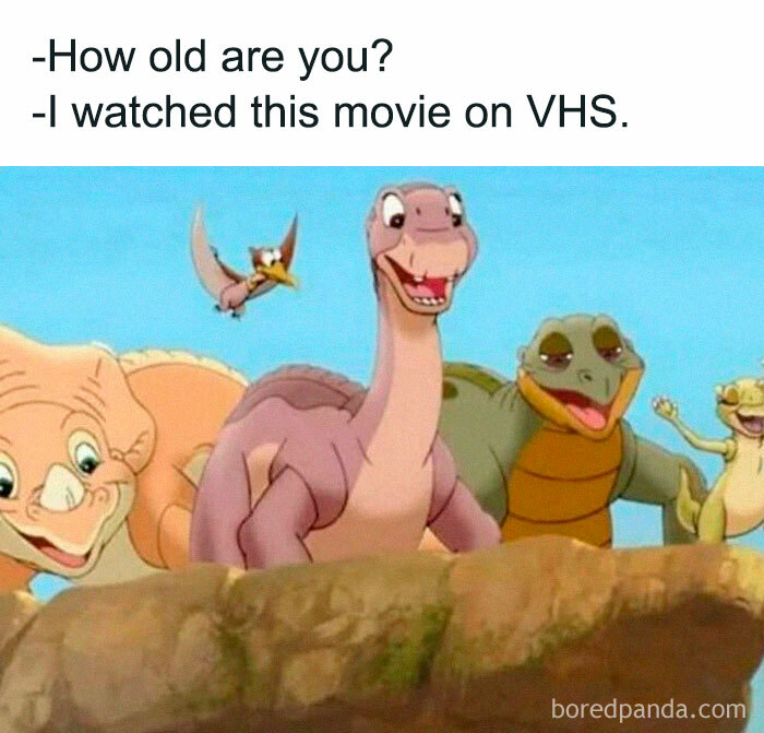 Dinosaur characters from a classic animated film with text about VHS, capturing prehistoric humor nostalgia.