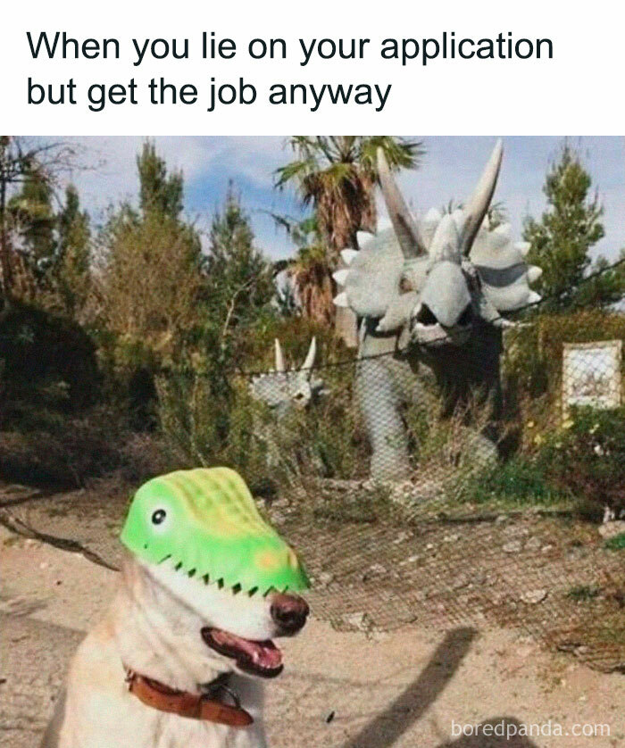 Dog in a dinosaur hat with a triceratops statue, creating a humorous prehistoric meme.