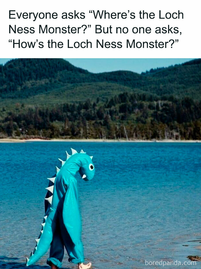 Person in dinosaur suit by a lake with humorous text about the Loch Ness Monster, capturing prehistoric humor.