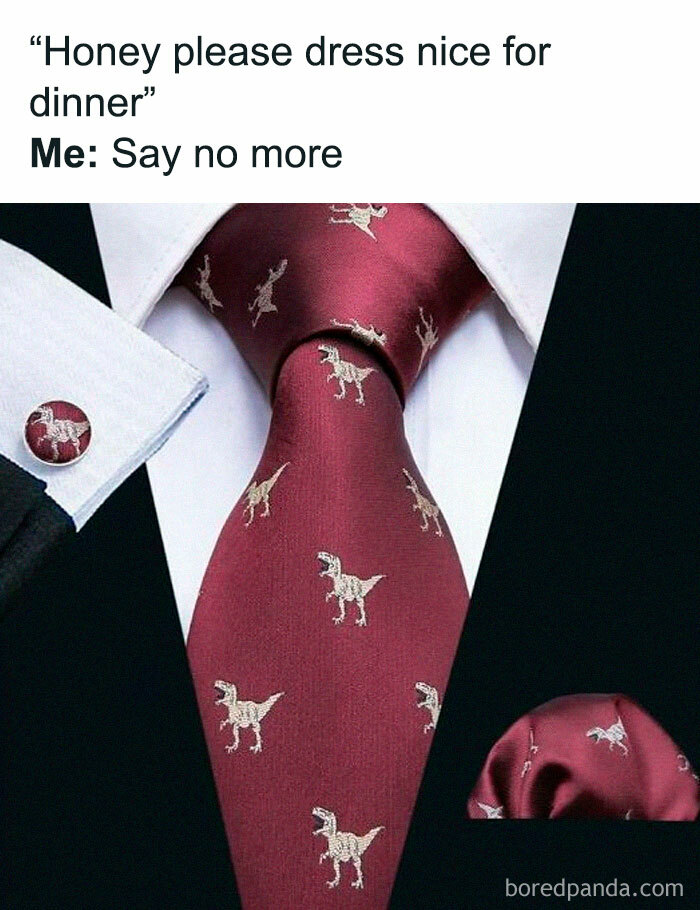 Dinosaur-themed tie and cufflinks for dinner, showcasing a prehistoric sense of humor.