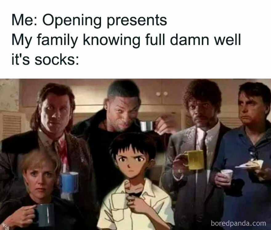 Funny Christmas meme with characters holding mugs, expressing surprise at predictable gift of socks.