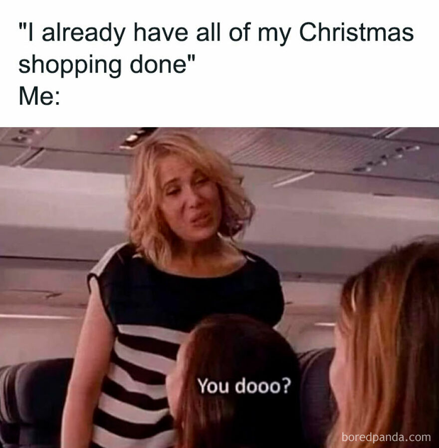 Woman with skeptical face reacting humorously on a plane; hilarious Christmas meme.