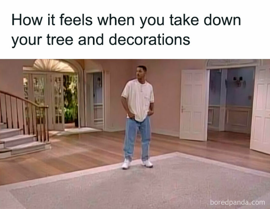 Man in empty room with text about taking down decorations, capturing the essence of funny Christmas memes.
