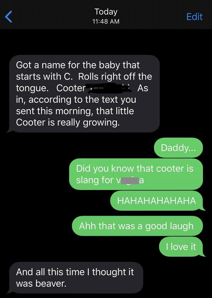 Text exchange featuring funny pregnancy situations and humorous misunderstandings.