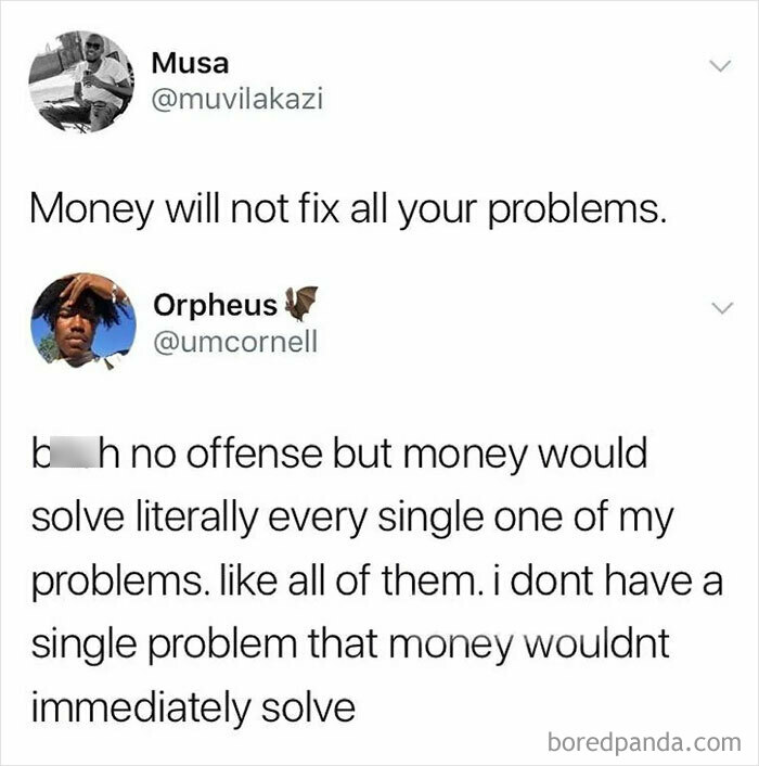 Funny exchange on X about money's ability to fix problems, shared on Instagram for humorous effect.
