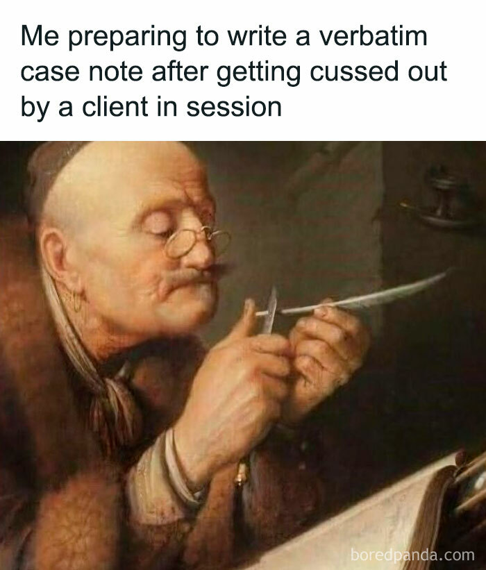 Elderly man sharpening a quill in a humorous therapy meme about writing notes after a challenging session.