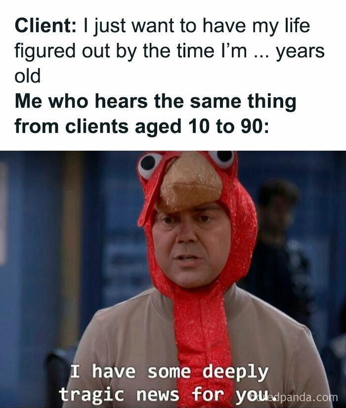 Man in a red bird costume with text about therapy sessions and life advice from clients of all ages.