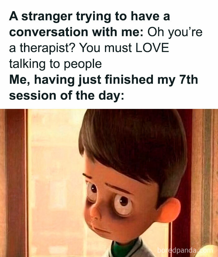 Therapy meme of tired animated character after multiple sessions, capturing humor in therapist's hectic day.