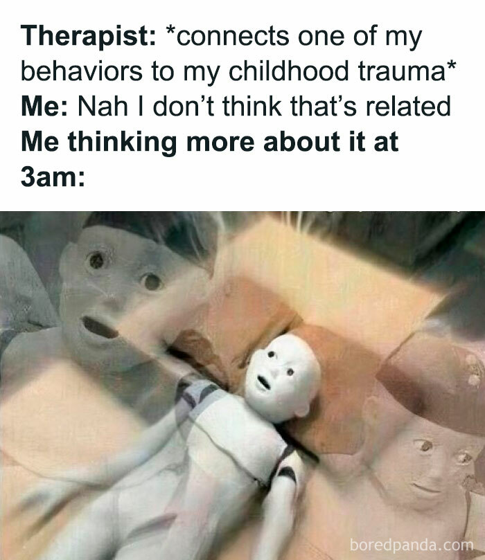 Therapy meme showing a character staring wide-eyed at night, overwhelmed by thoughts at 3am.