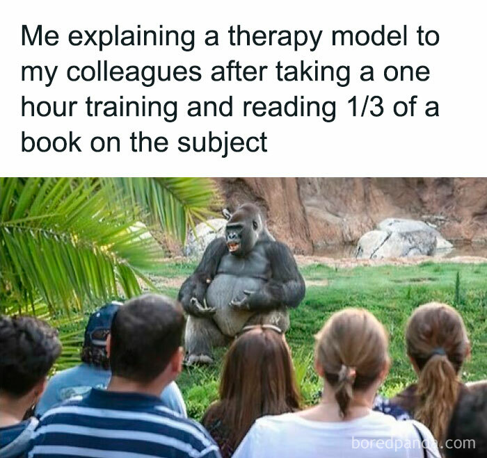 A gorilla humorously "teaching" a group, illustrating a therapy meme scenario with a funny twist.