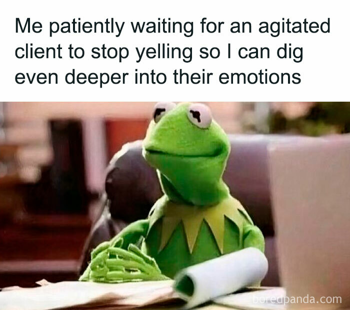 Kermit the Frog with a humorous therapy meme about waiting for a client's emotions to settle.